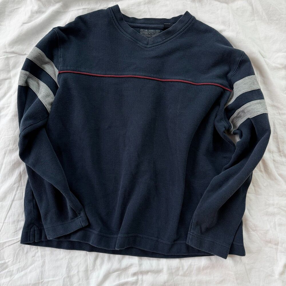 Y2K Route 66 Ribbed Knit Sweatshirt Navy Athletic Stripe - L